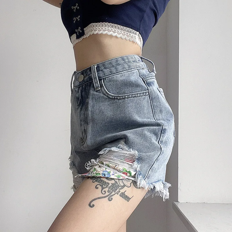 

Printed Blue Color Women's Short Jeans 2021 Summer Ripped Fringed High Waist Thin Straight Shorts Ropa Mujer Jeans for Women