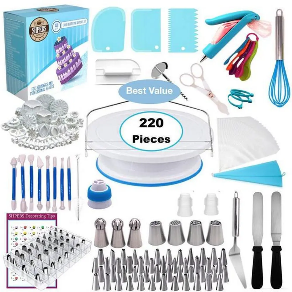 

220pcs/lot Cake Decorating Tools Kit Turntable Set Cream Pastry Nozzles Confectionery Bags Icing Piping Nozzles Tips Baking Tool