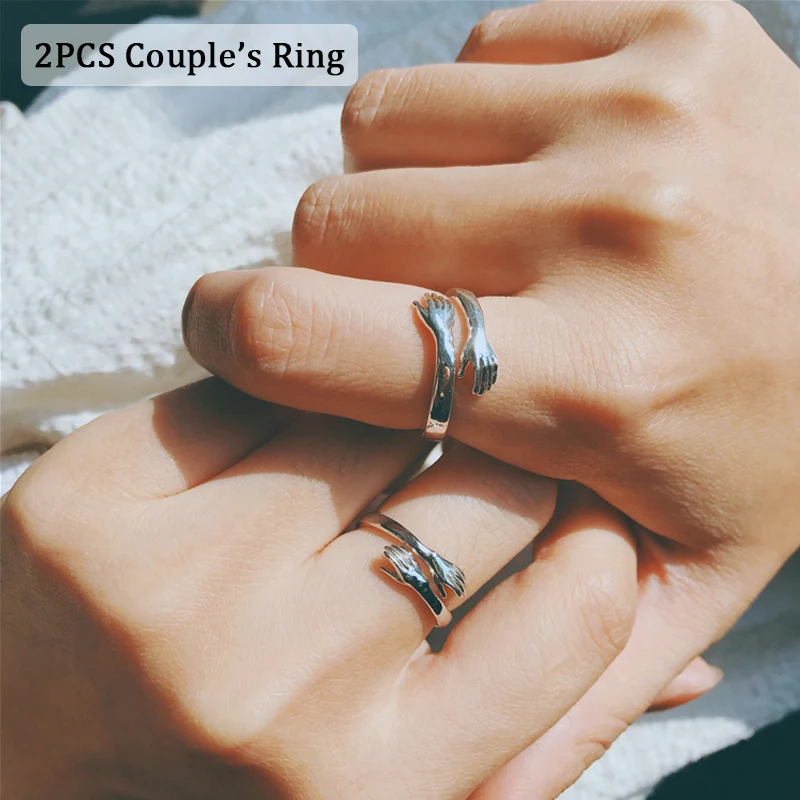 

2PCS Romantic Hand with Love Hug Couple's Rings Adjustable Love Forever Open Finger Ring Lover Jewelry Gift for Women Men