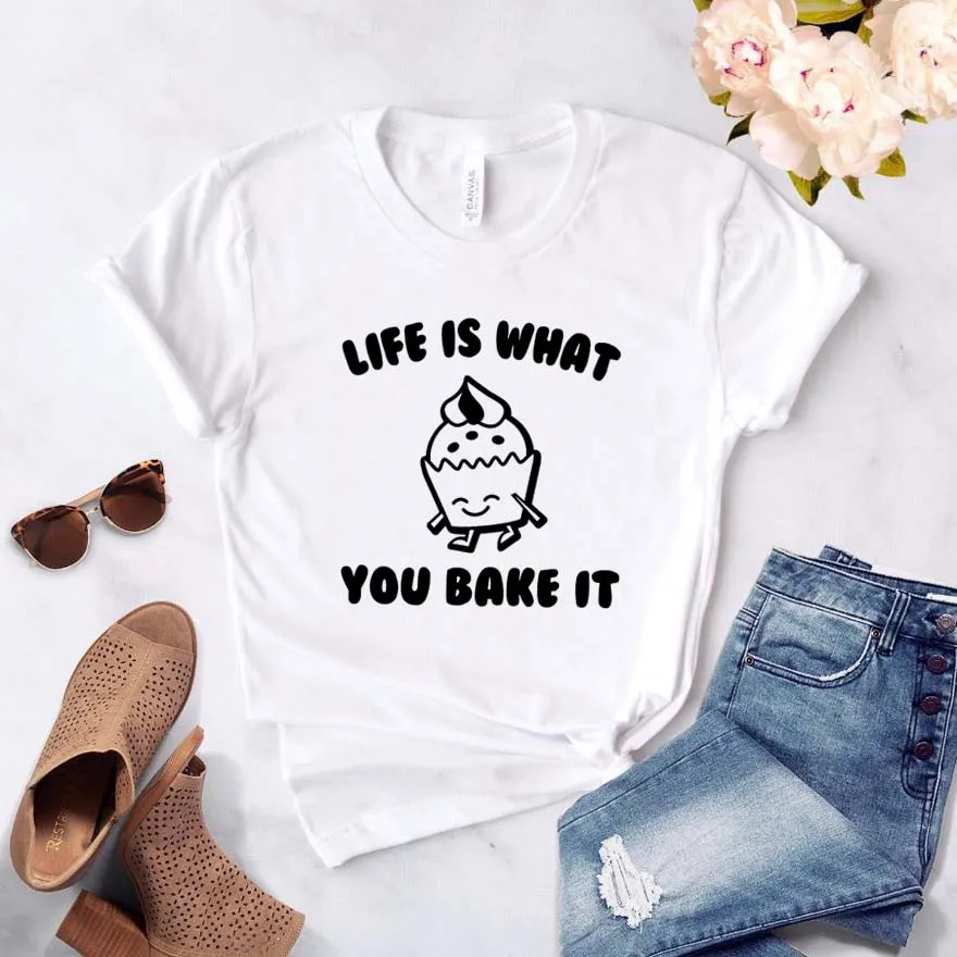 

Women T Shirt Life Is What You Bake It Print Tshirt Women Short Sleeve O Neck Loose T-shirt Ladies Summer Causal Tee Shirt Tops