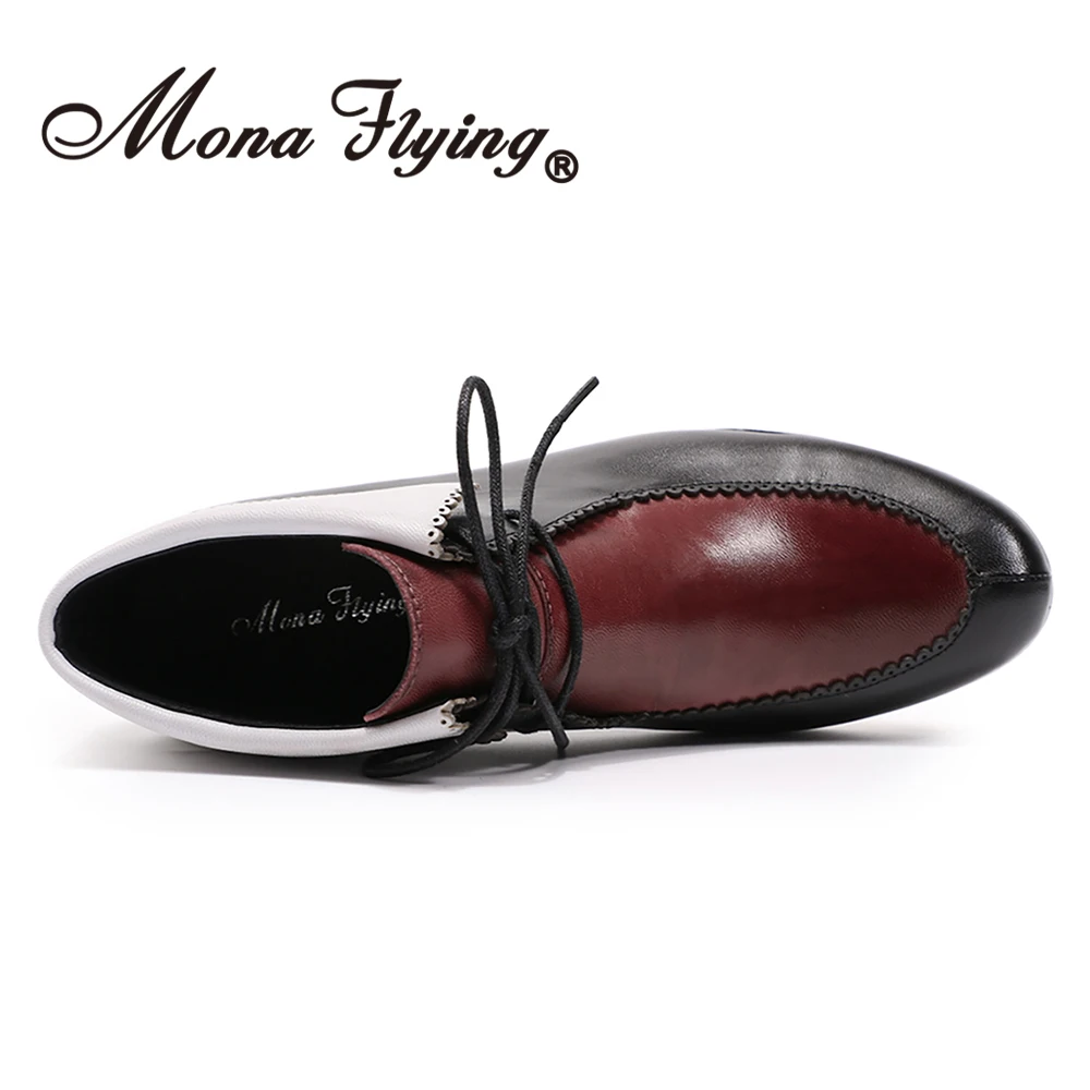 Mona Flying Women Genuine Leather Lace-up Boots Ankle high Comfortable Hand-made Fashion Booties Shoes with Low Heels 077-5AB
