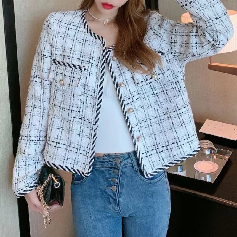 

Длинная клетчатая твидовая куртка для женщин, модель сезона осень-зима 2021 года, Корейская женская твидовая куртка, Женская облегающая верхн...