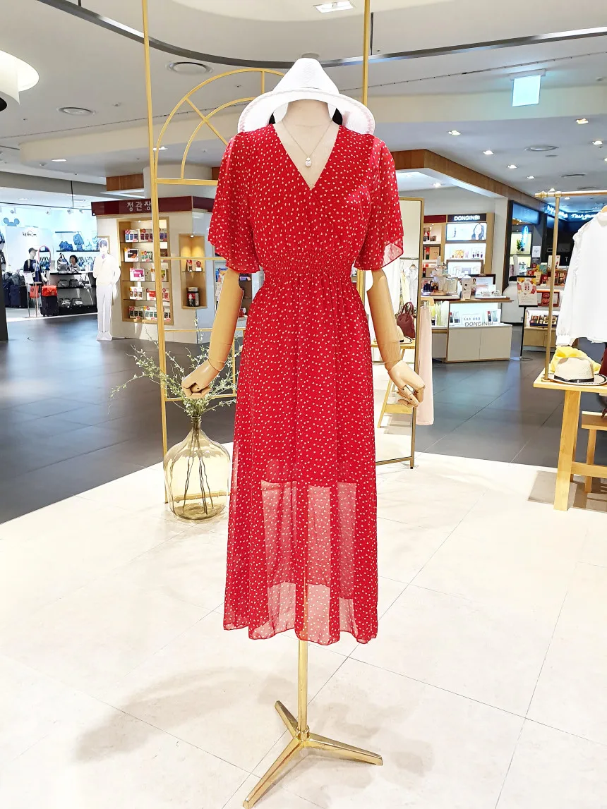 

Chic Polka Dot Office Lady Chiffon Dress Summer Korean Style Elegant V-neck Short Sleeve Elastic Waist Slim Midi Dress Vestidos