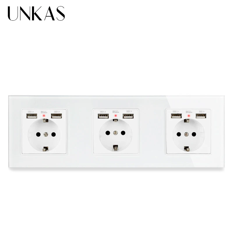 

Crystal Glass Panel EU Standard Wall Socket With 6 USB Charge Port For Mobile Hidden Soft LED Indicator 258*86mm