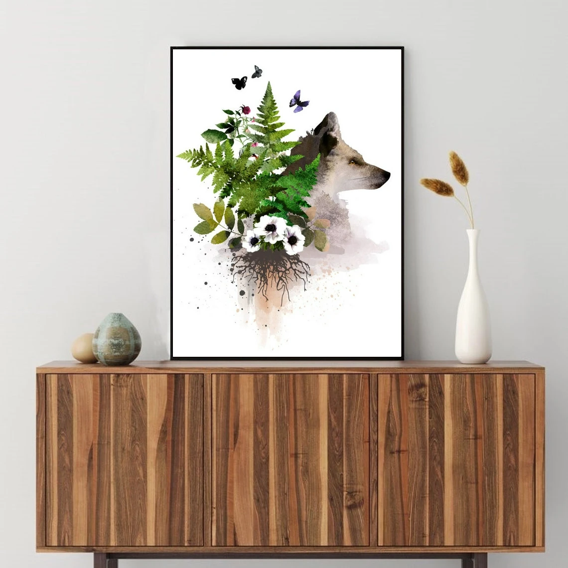 

Художественная печать Fox, настенное искусство в лесу, акварель папоротника, животное искусство, печать папоротника, домашний декор стен, нас...