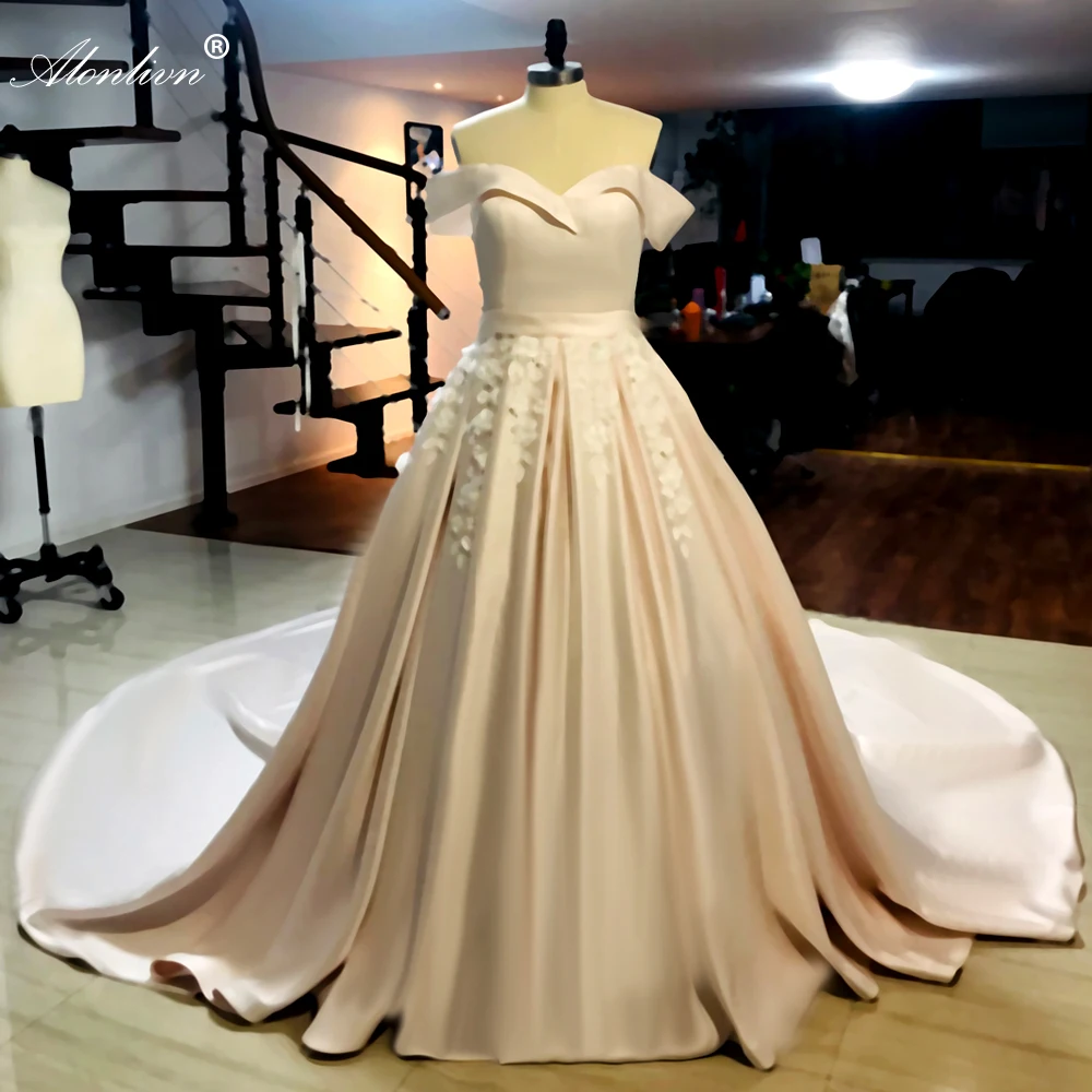 

Alonlivn Lustrous Satin Off The Shoulder A-Line Wedding Dress With Beaded 3D Flowers Sleeveless Bride Gown Chapel Train