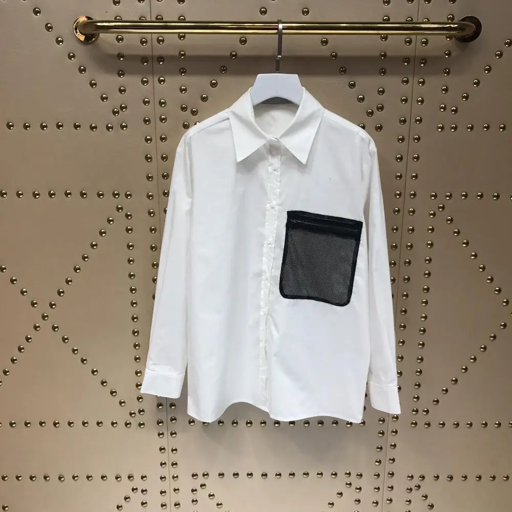 Белая повседневная женская рубашка из хлопка с отложным воротником весна 2020| |