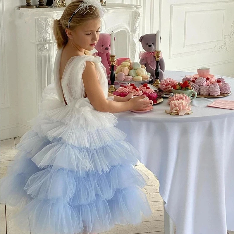 

Stunning Blue Tiered Pageant Flower Girl Dresses Wedding Birthday Gown Robe De Demoiselle Princess First Communion Custom Made