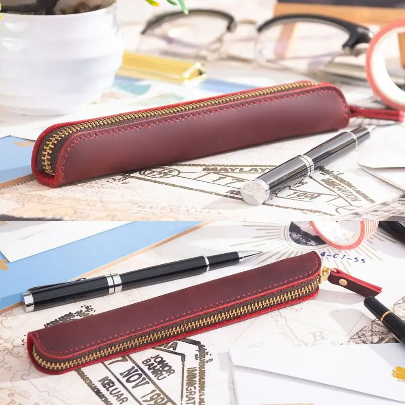 

Handmade Leather Pencil Bag Vintage Retro Zipper Fountain Pen Brush Pouch Case School Office Stationery Gifts dropshipping