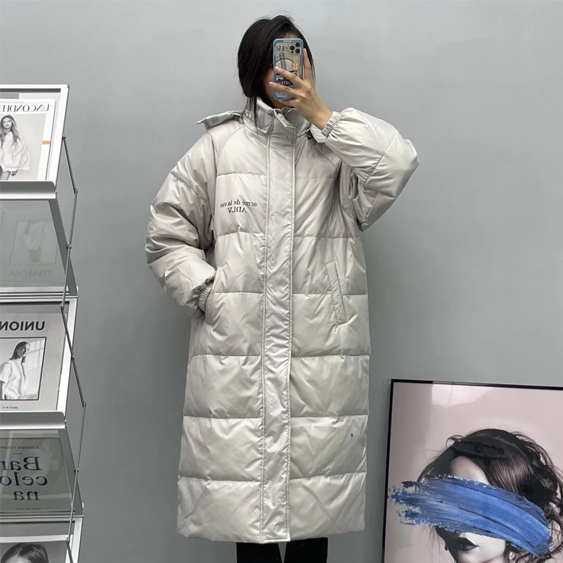 Overcoat Women's 2021 Winter Hot Style Korean White Duck Down Coat Woman Mid-Length Detachable Cap Loose Thick Bread Coat Female