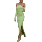 Женское платье с открытыми плечами, однотонное длинное вечернее платье с разрезом, осень 2021