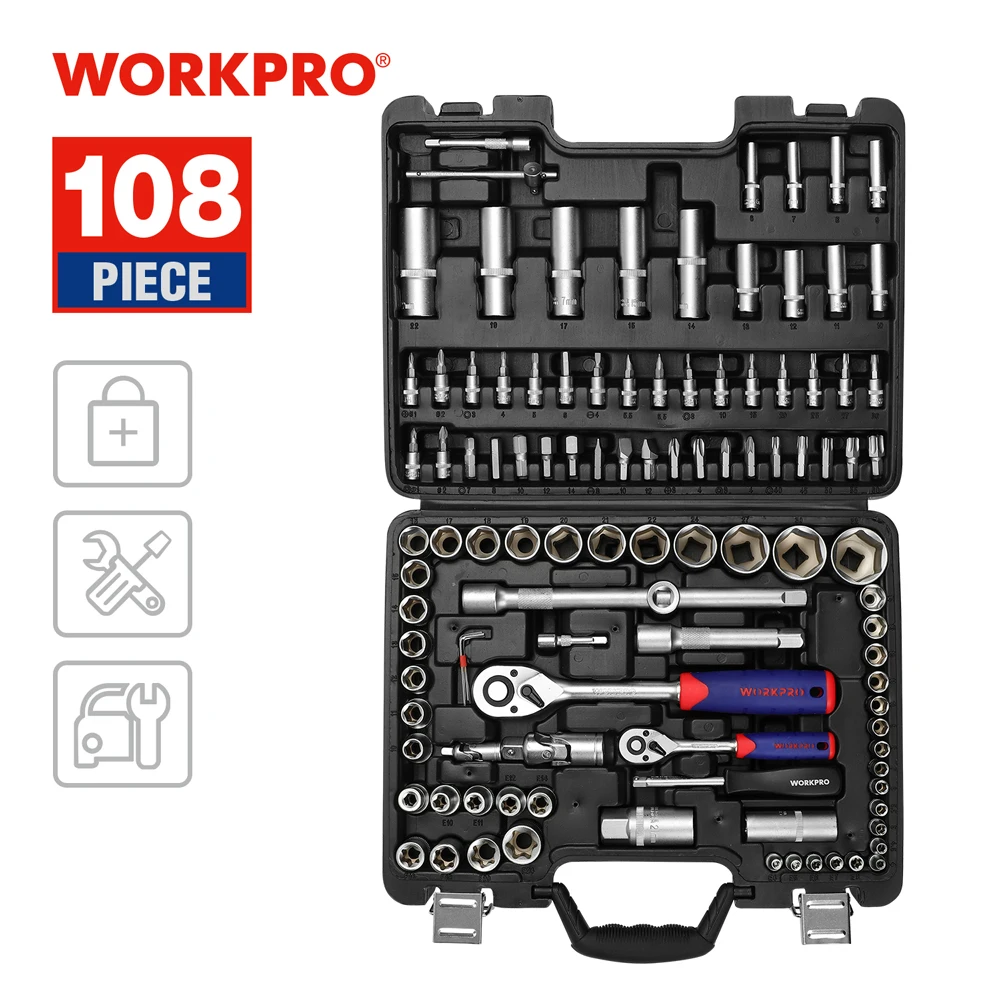 

WORKPRO 108 шт. стандартный набор инструментов для ремонта автомобиля, Набор торцевых головок, гаечные ключи с трещоткой, гаечные ключи