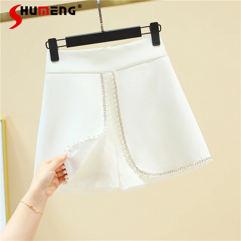 

2021 Summer New Women Split Beaded White Wide Leg Shorts Casual Fashion High Waist Beads Rhinestones A- Line Hot Pants Female