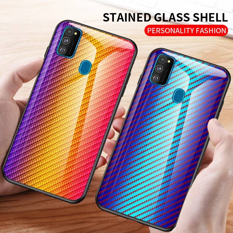 

For Samsung Galaxy M30S M60S M80S Case Carbon Fiber pattern Tempered Glass Phone Cover For Samsung M20 M10 Case Anti-fall Coques