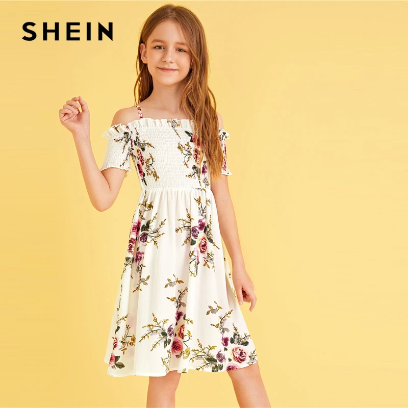 SHEIN/Детское платье в стиле бохо с открытыми плечами и цветочным принтом для девочек; коллекция года; летнее праздничное платье с короткими рукавами и высокой талией