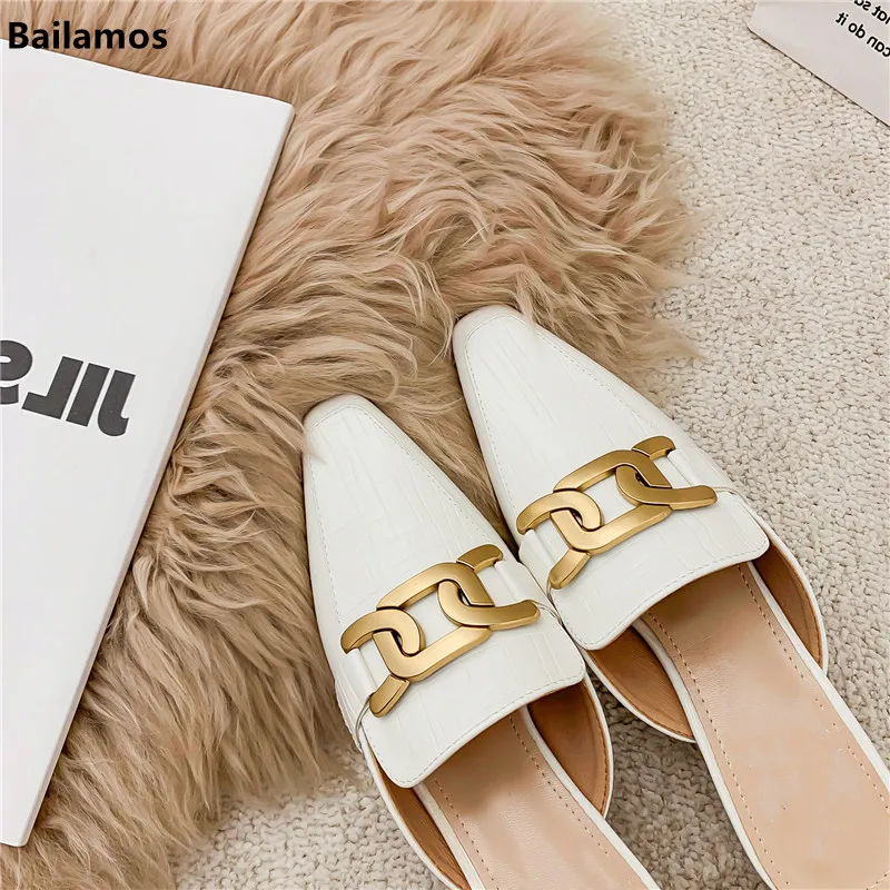 

Bailamos Fashion Women Mules Slippers Shoes Slippers 2021 Ladies Causal Thin Low Heel Female Slip On Loafers Slides Metal Butto