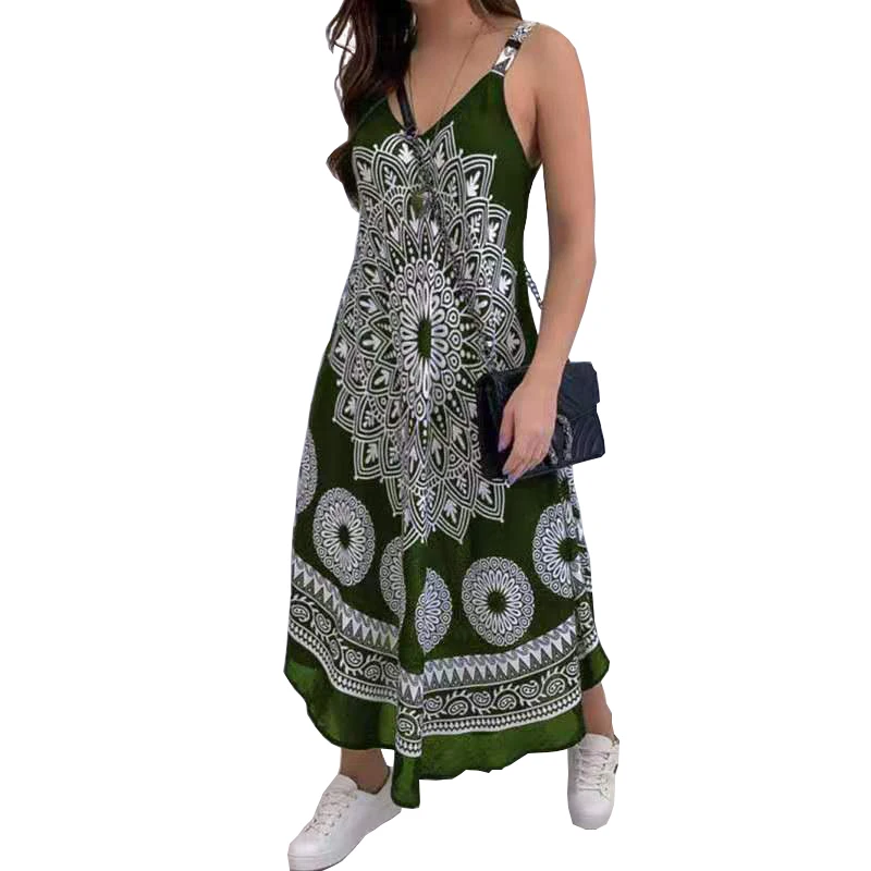 

2021 women's new totem V-neck halter dress dress milk silk casual A-line skirt high waist trend retro harajuku dress