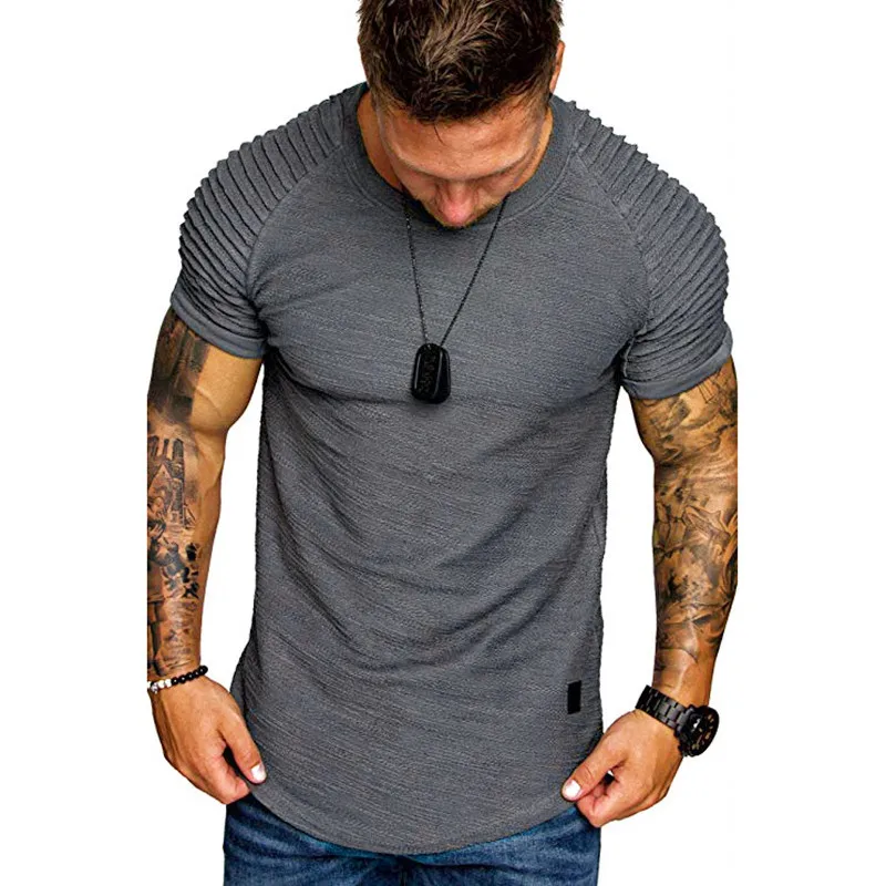 

Men's Short Leisure T-Shirt Summer Solid Slub Cotton Bottoming Shirt Hot Short Sleeve Pleated Raglan Sleeves New Design Clothing