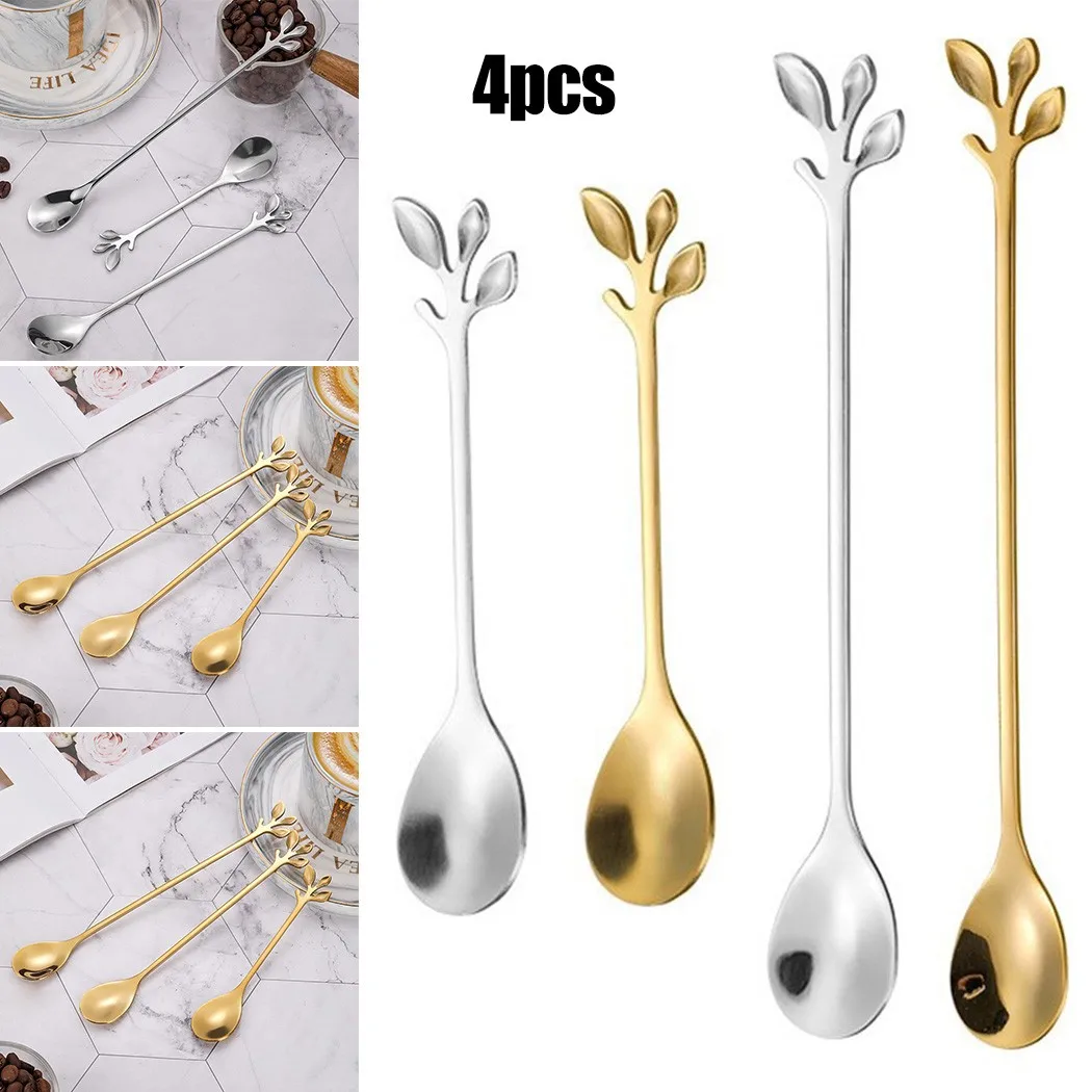 

4pcs Leaf Tea Spoon Coffee Tea Stir Stainless Steel Milk Tea Dessert Spoon Coffee Stirring Spoon Stainless Steel