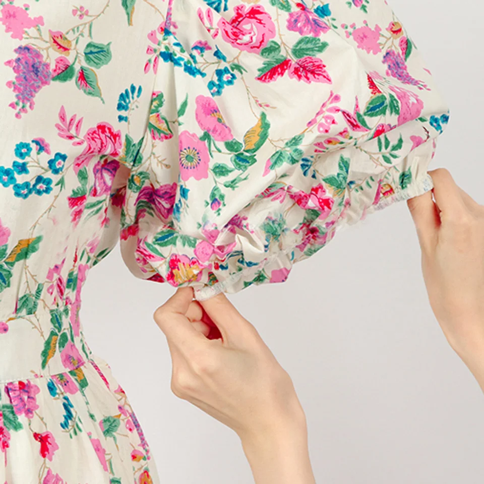

Flower Youth Series Dress 2021 Summer Pastoral Style V-Neck Puff Sleeve High Waist Bandage Loose Hem Women's Dresses