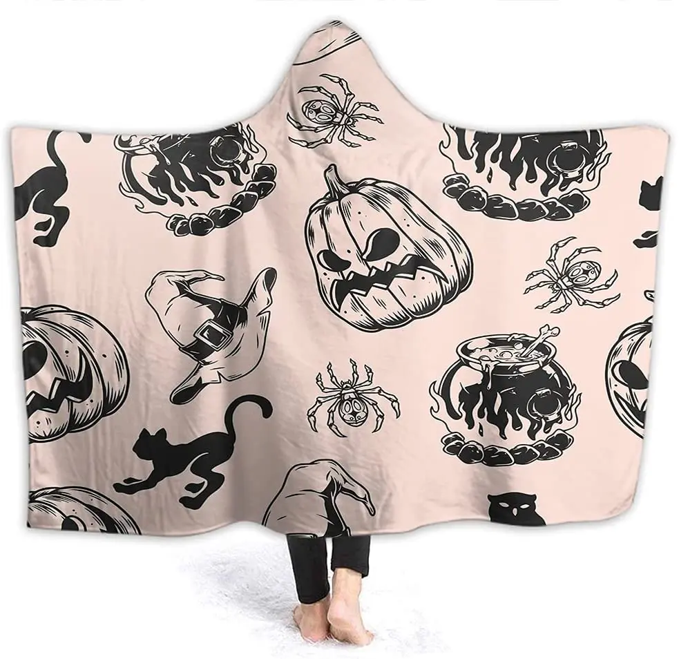 

Retro Halloween Pattern Hooded Blanket Cute Spooky Owl Cat Spider Pumpkin Witch Hat Magic Design Soft Warm Cozy Wearable Blanket