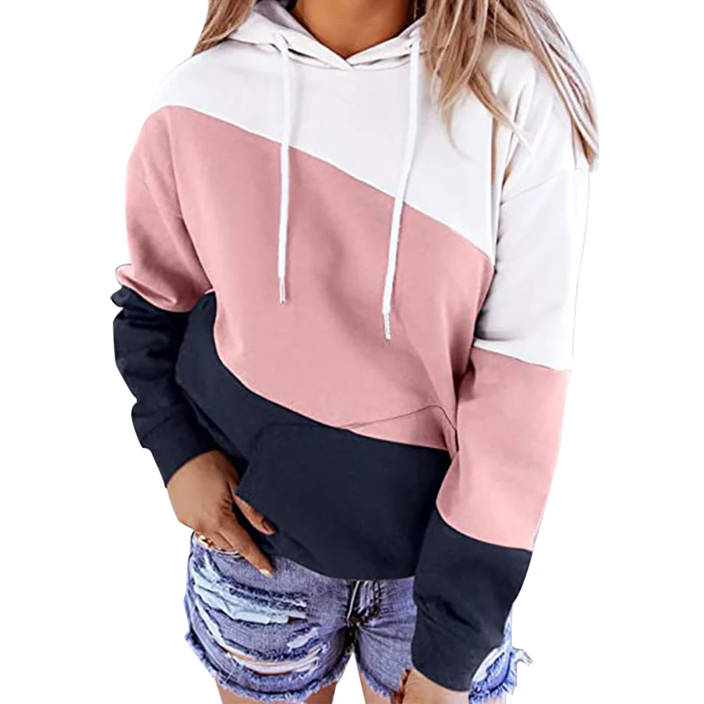 

Women Casual Long Sleeve Color Block Hooded Pocket Loose Pullover Top Blouse