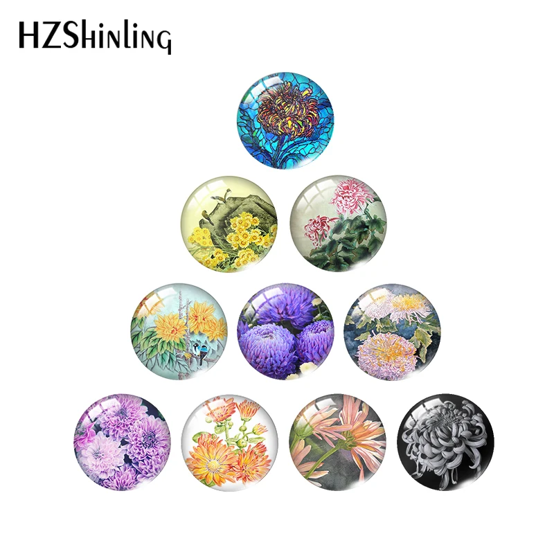 

2020 New Chrysanthemum Photo Cabochons Color Chrysanthemums Glass Cabochon Round Square Heart Tear Drop Oval Jewelry