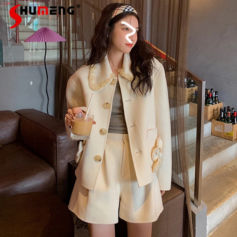 

2021 New Fallo Female Fashion Beads Flower Diamond Woolen Lapel Suit Coat Women's Elegant Solid Shorts Sweet Solid Two-Piece Set
