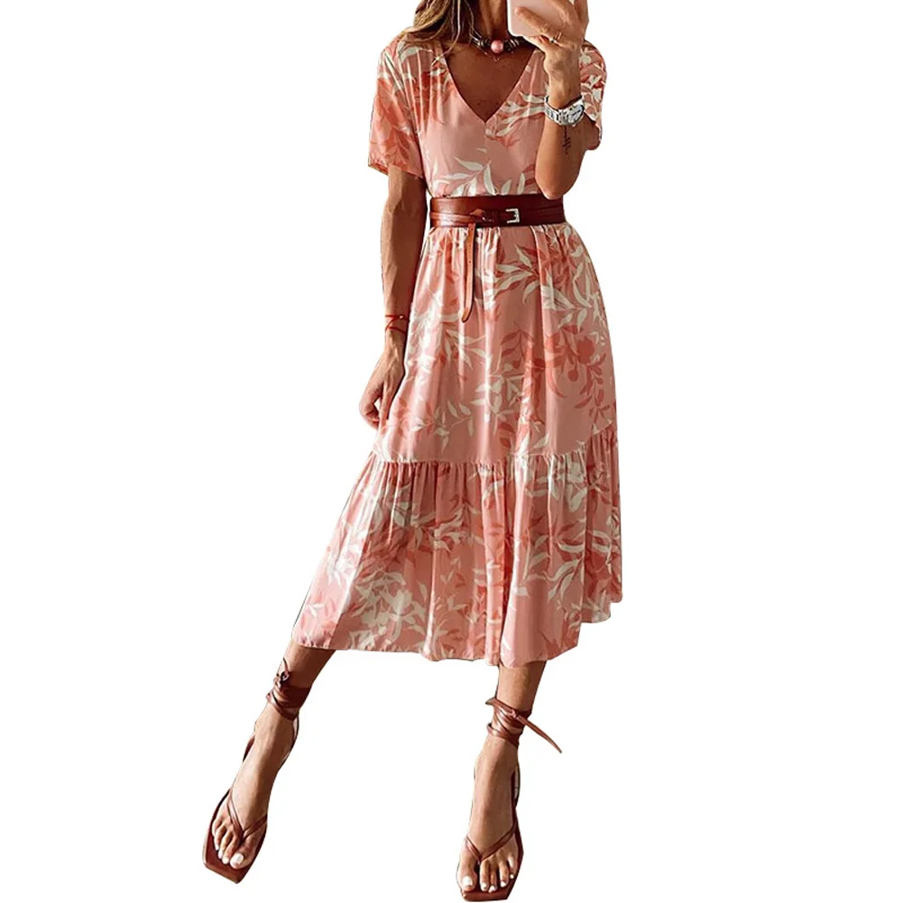 

2020 Women Casual Full-length Slim Fit Dress Summer Fashion V-neck Short-sleeved Dress Female Printing Daily Wear