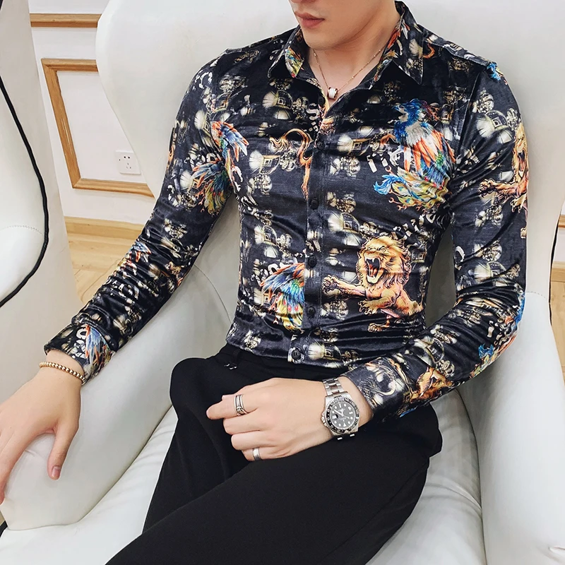 Мужская рубашка с цветочным принтом деловая бархатная в стиле ретро пуговицами