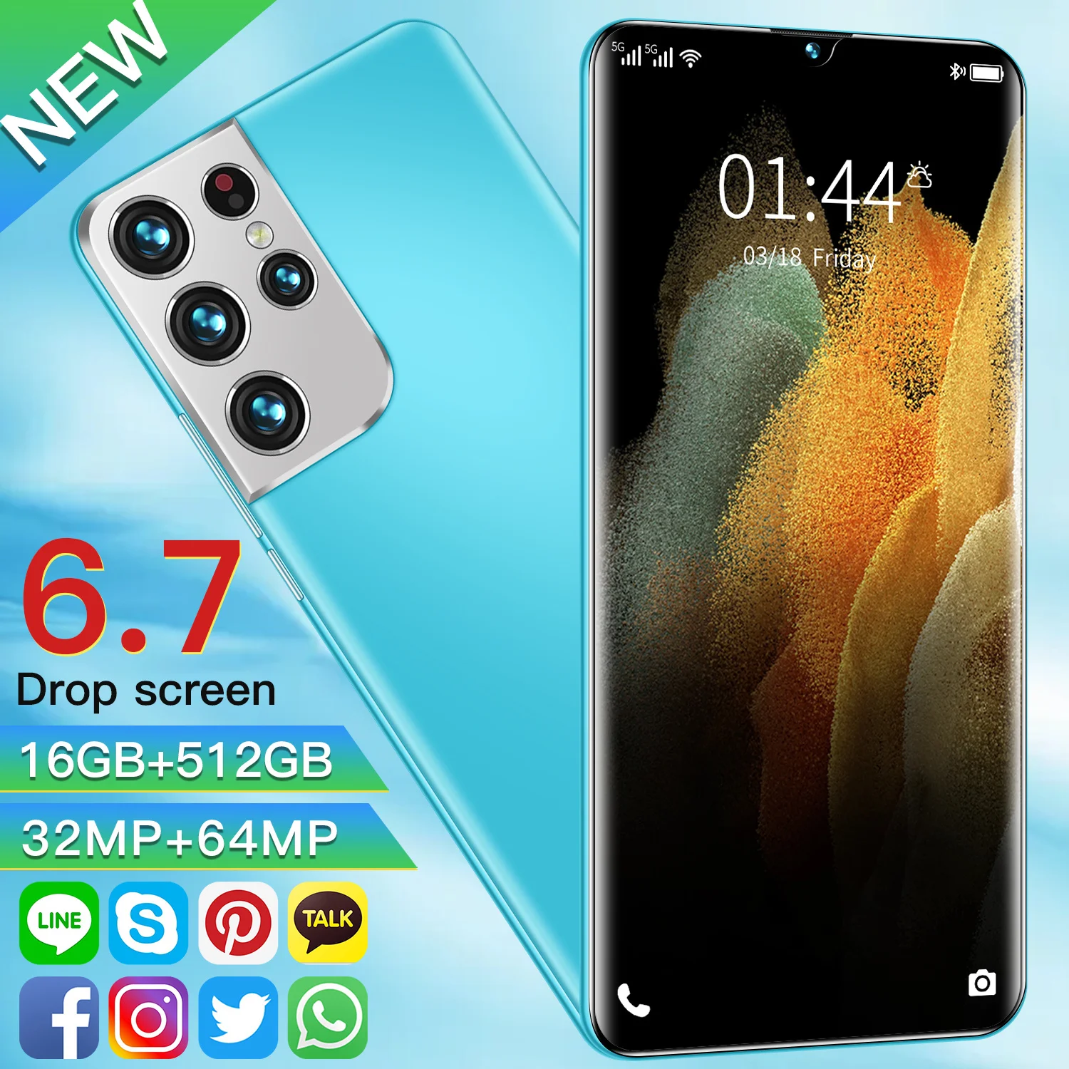

Samsang Galax S21 Pro Smartphone 6.7 Inch Screen 16GB 512GB 6000mAh Battery Snapdragon 888 32MP 64MP Camera Face ID Cell Phone