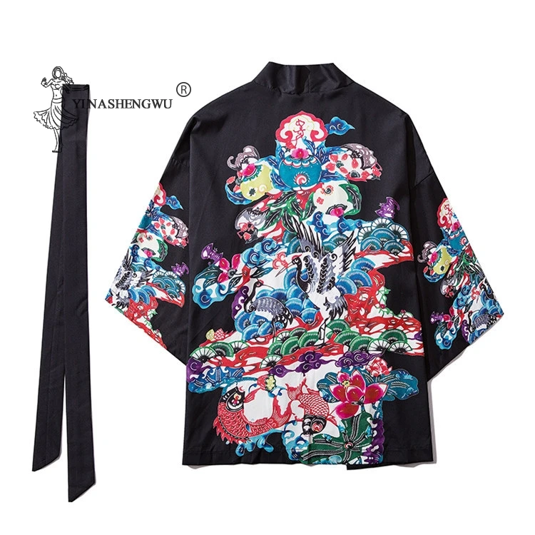

Japanese Fashion Clothes Crane Carp Crane Carp Three-quarter Sleeves Open Lining Belt Robe Yukata Men and Women Kimono Black