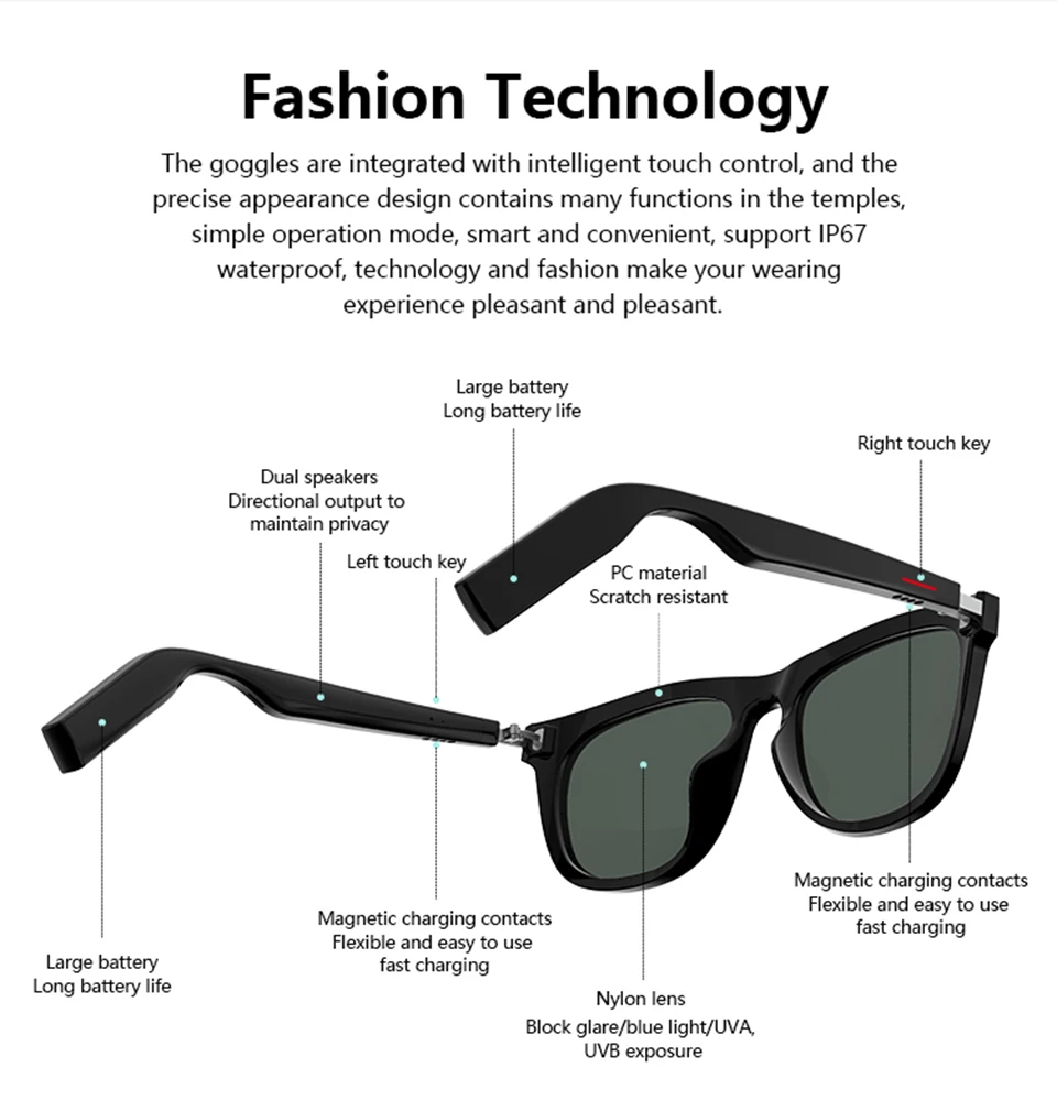 구매 E9 스마트 블루투스 헤드셋 안경 오픈 안경, IP67 방수 편광 선글라스, 음악 듣기 및 전화 받기