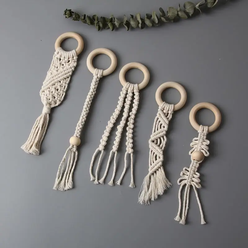 

Baby Organic Macrame Teether Crochet Wood Ring Rattle Sensory Teething Toy Infant Room Decoration DIY Crafts