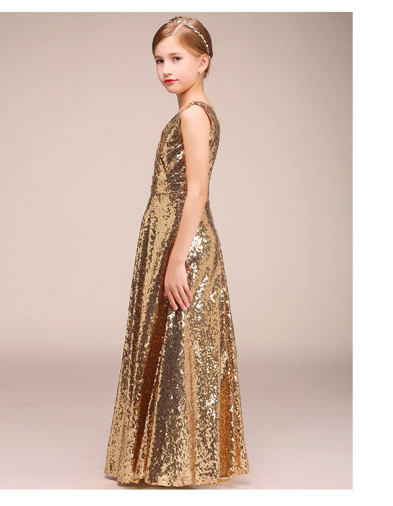 Золотые блестки v образный вырез на шее платье для девочек вечерние платья 2021