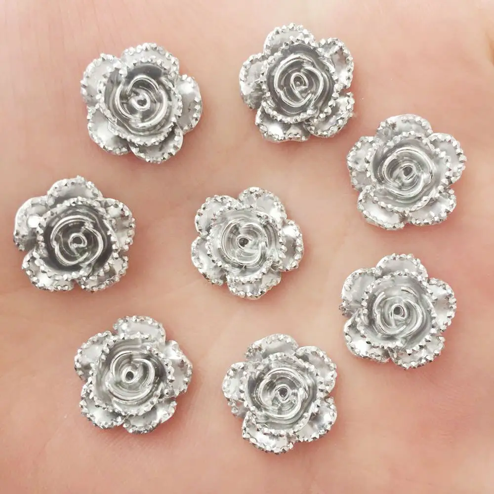 60 шт. 14 мм полимерные серебристые Розы с плоским основанием цветы скрапбук