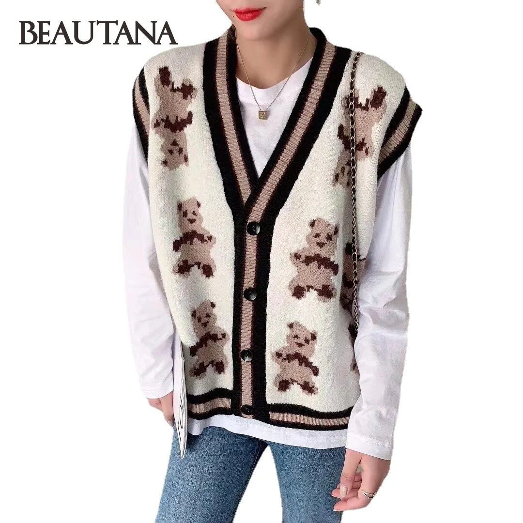 

Женский трикотажный жилет BEAUTANA, Свободный кардиган оверсайз с V-образным вырезом и мультяшным медведем, Трикотажная майка в рубчик, осень 2021