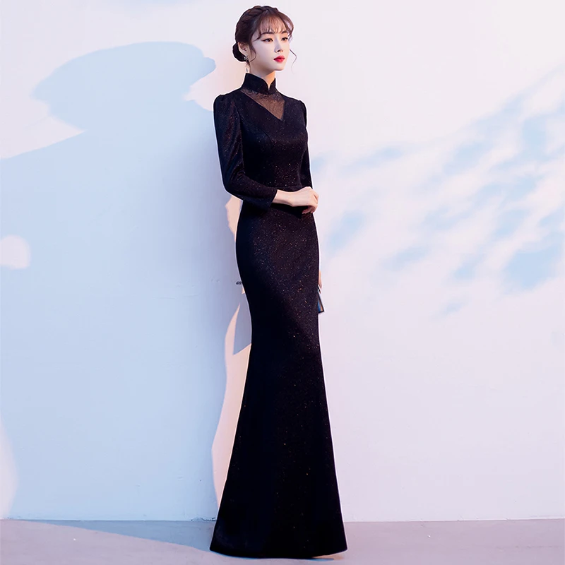 

Black High Neck New Evening Dress Floor-Length Beads Simple Mermaid Full Sleeves Elegant Plus size Women Formal Party Gown C589