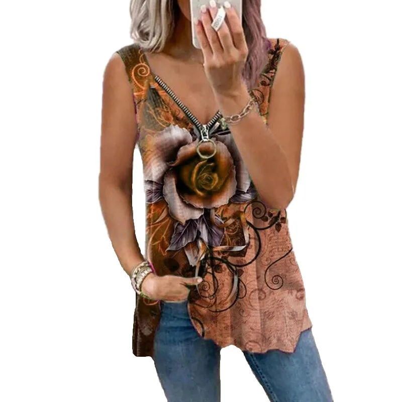

2021 New Arrival Summer Sexy Women Printing V-neck Sleeveless Tanks Regular Plus Size Women Tops S-5XL