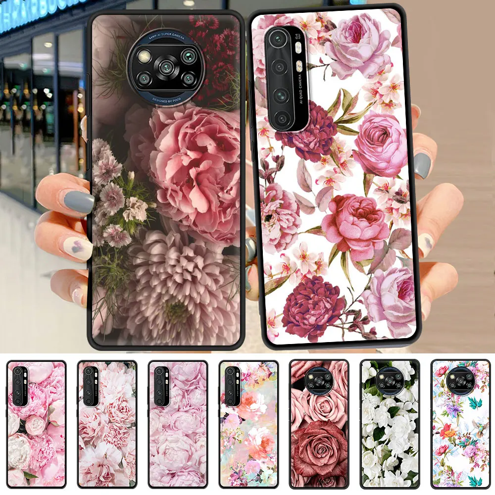 

Elegant Pink Flower Case For Xiaomi Mi Poco X3 NFC 10T Pro 5G Note 10 Lite 10S 9T M3 11 9 A2 Black Soft Phone CC9 8 Cover Fundas
