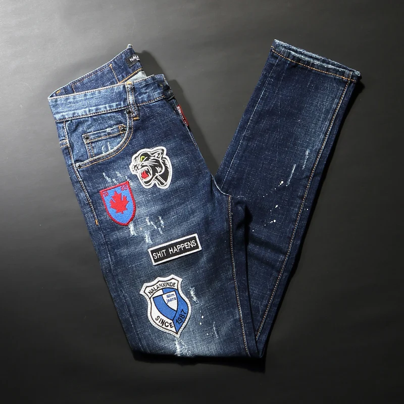 Street Style Fashion Men Jeans Retro Blue Elastic Slim Fit Ripped Jeans Men High Quality Patches Designer Hip Hop Denim Pants