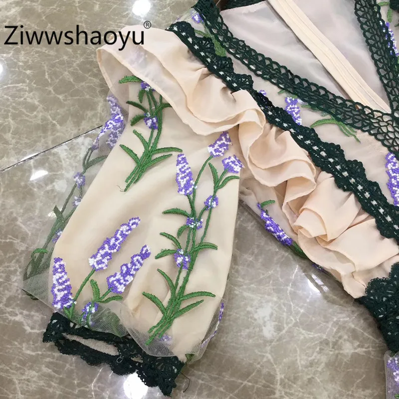 Ziwwshaoyu Подиумные дизайнерские богемные длинные платья женские пышные рукава Великолепная Цветочная вышивка сексуальные v-образным вырезом сетки Макси платья
