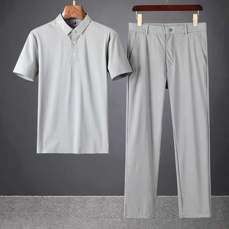 

2021 summer ultra thin speed dry ice silk lapel short sleeve suit men's free ironing stretch silk smooth leisure sports two sets