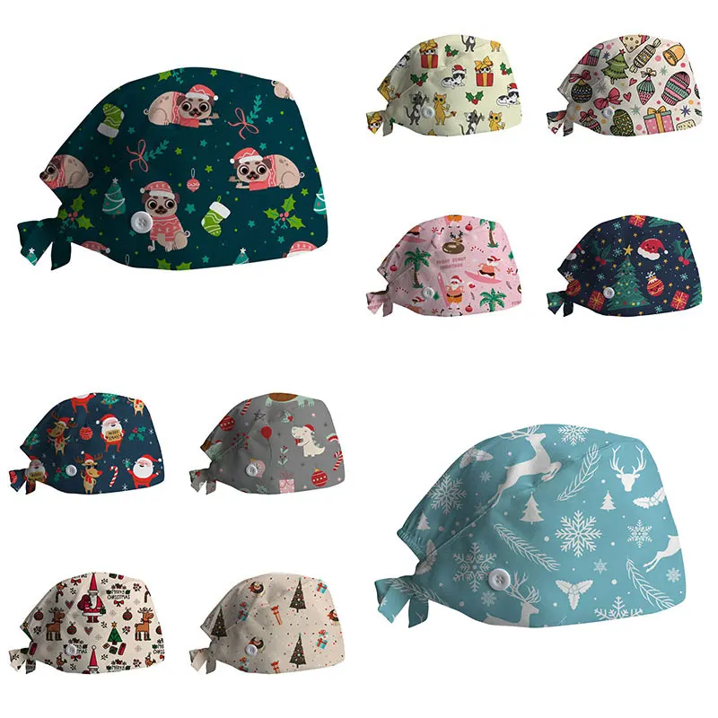 

2020 New Christmas Doctors Nurse Hat Cotton Buckle Sweat-Absorbent Towel Hat Printing Nursing Caps Adjustable Scrub Sanitary Cap