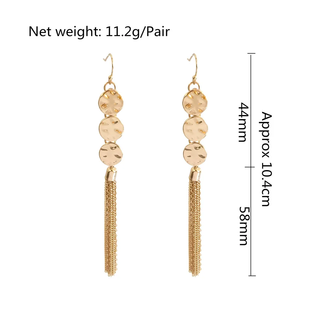 

Trendy Long Tassel Earrings Gold Color Small Hammered Disk With Iron Tassel Dangle Earrings For Girls Gift Party Jewelry