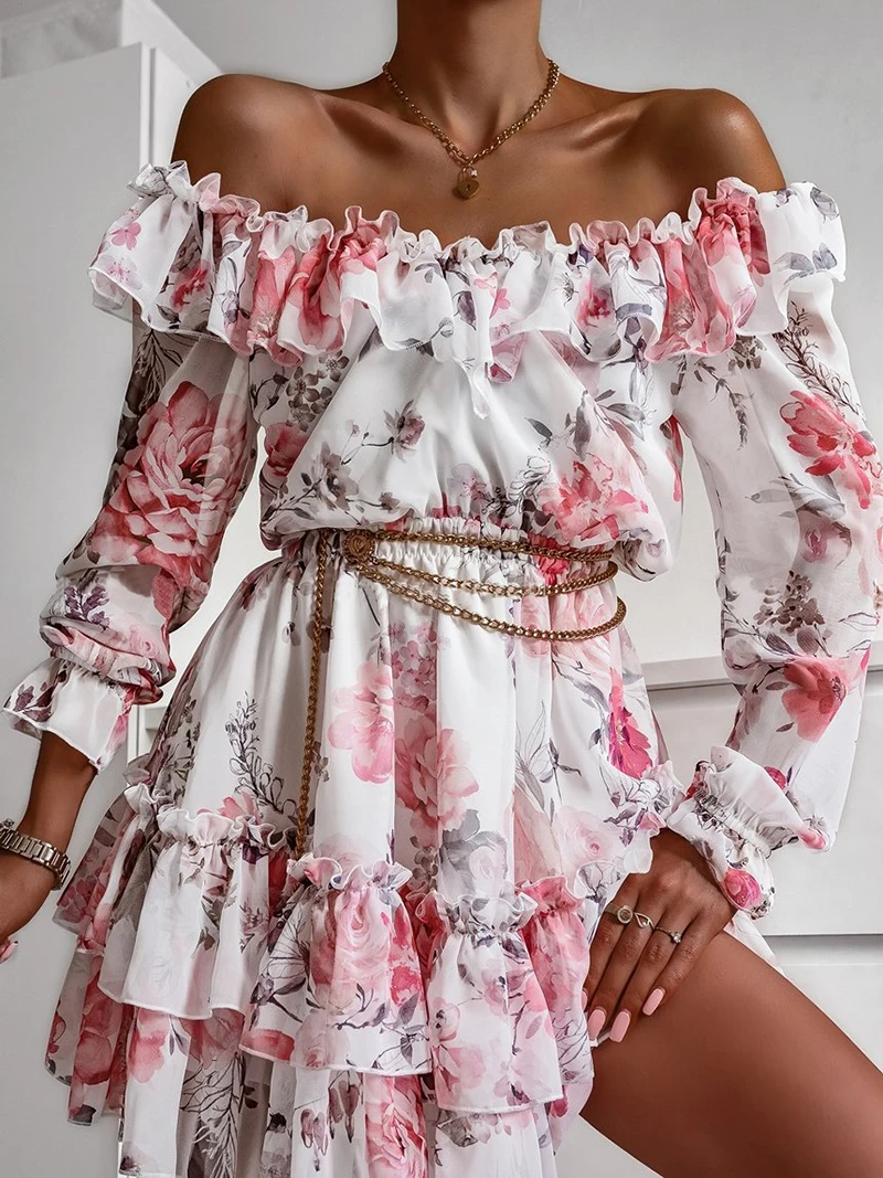 

Autumn Ruffles Off Shoulder Print Dress 2021 Women Chiffon Floral Slash Neck Long Sleeve Dress Female Short A Line Party Dress