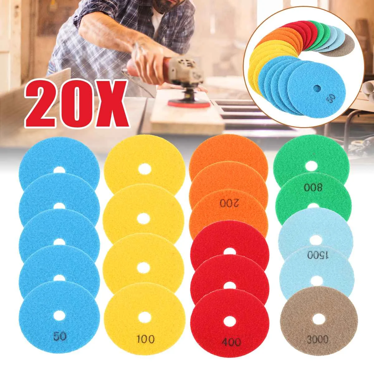

20Pcs/lot Diamond Polishing Pads Kit 4 inch 100mm Wet/Dry for Granite Stone Concrete Marble Polishing Use Grinding Discs Set