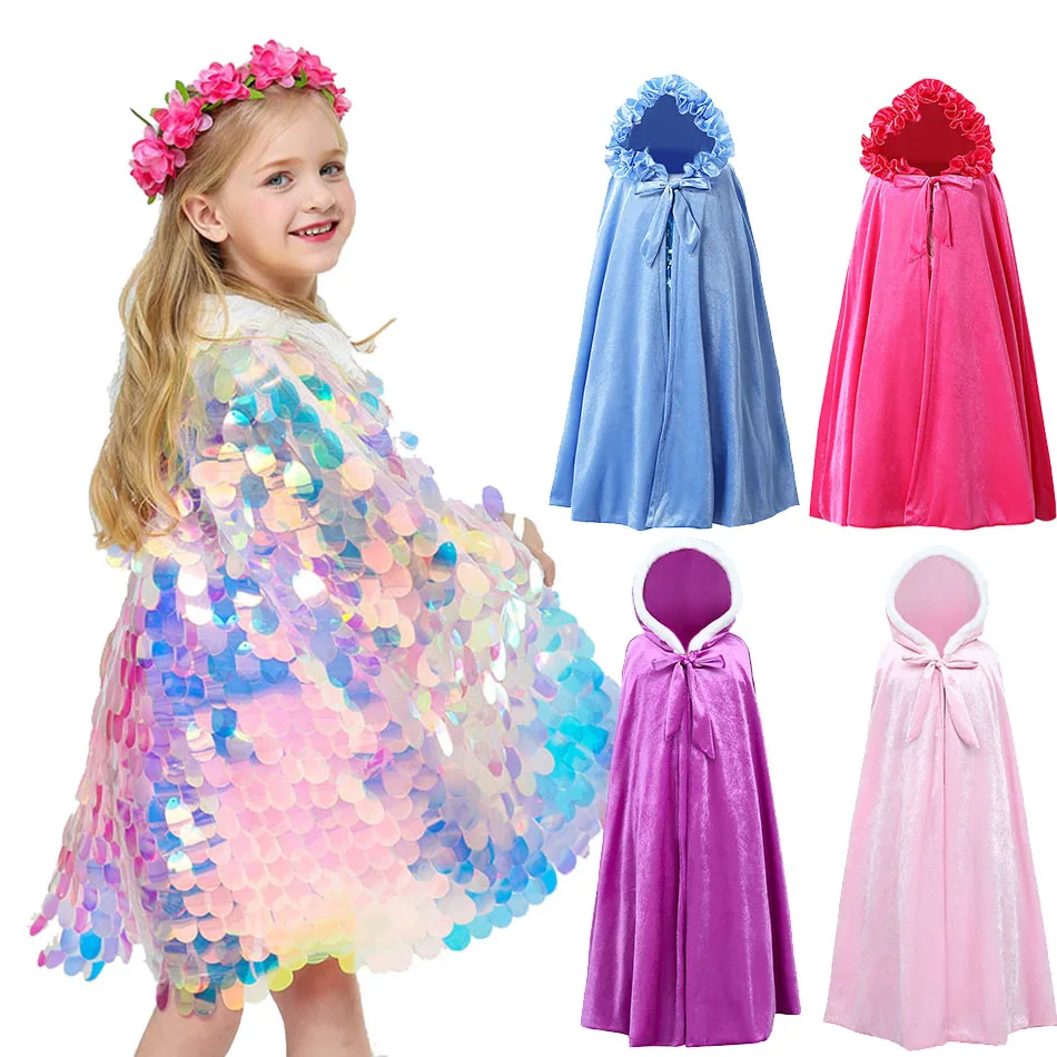 

Children Party Accessories Princess Costume Clothes Girls Elsa Anna Hooded Cloak Rapunzel Aurora Cape Kids Belle Sequined Mantle