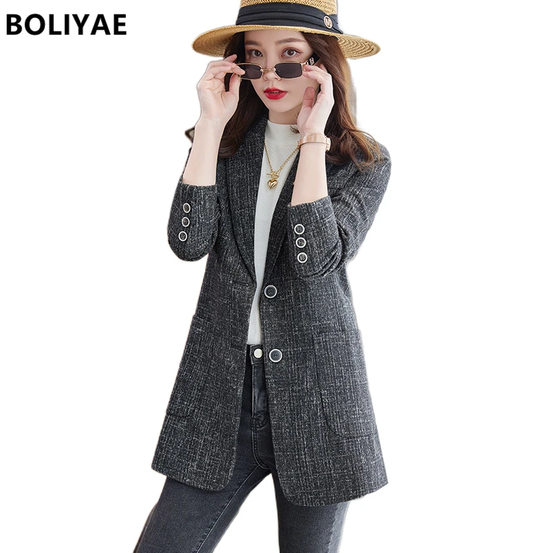 Boliyae Autumn And Winter New Long Sleeve Blazer Women Casual Fashion Black Slim Jackets Female Elegant Office Lady Coat Tops