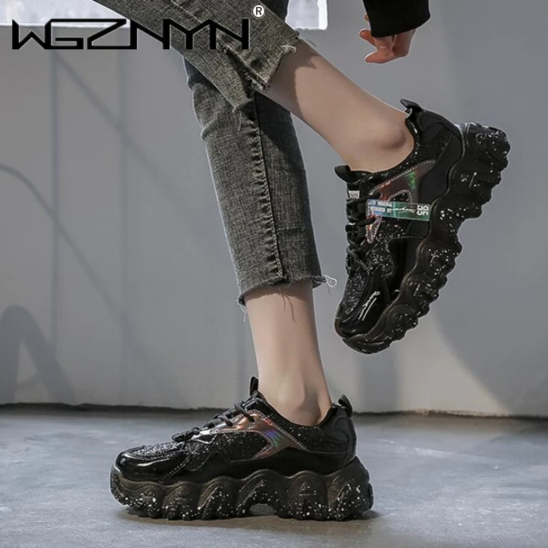 

NEW Autumn Women's Chunky Sneakers Fashion Women Platform Shoes Bling Sequined Lace-Up Vulcanize Shoes Female Trainers Dad Shoes